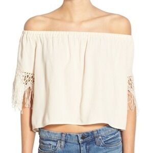 Revolve ASTR The Label Off The Shoulder Crochet Fringe Top Cream Size M Boho